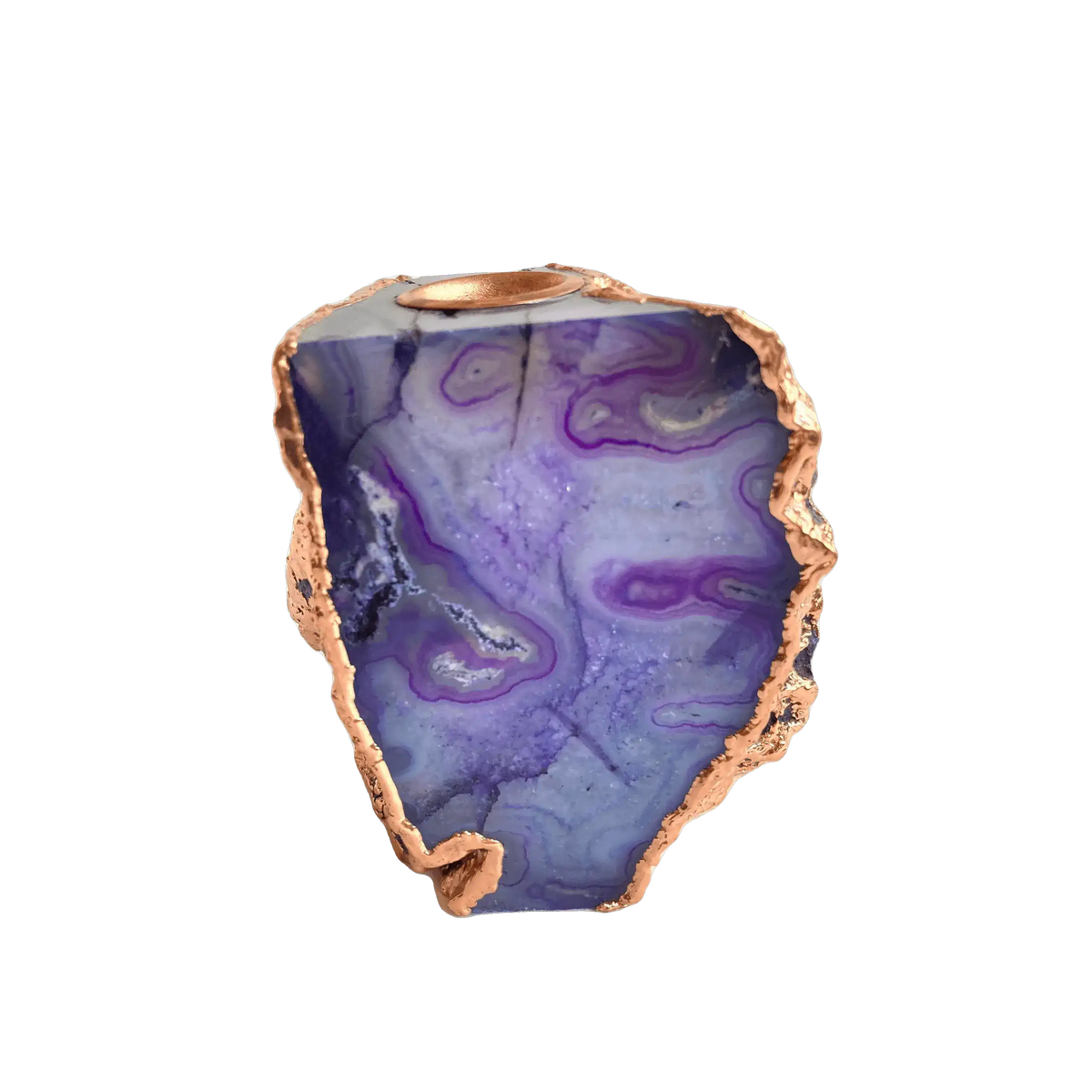 Purple blue agate taper candle holder, freeform slab with violet and blue swirling bands, rose gold edge and candle socket