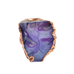 Purple blue agate taper candle holder, freeform slab with violet and blue swirling bands, rose gold edge and candle socket