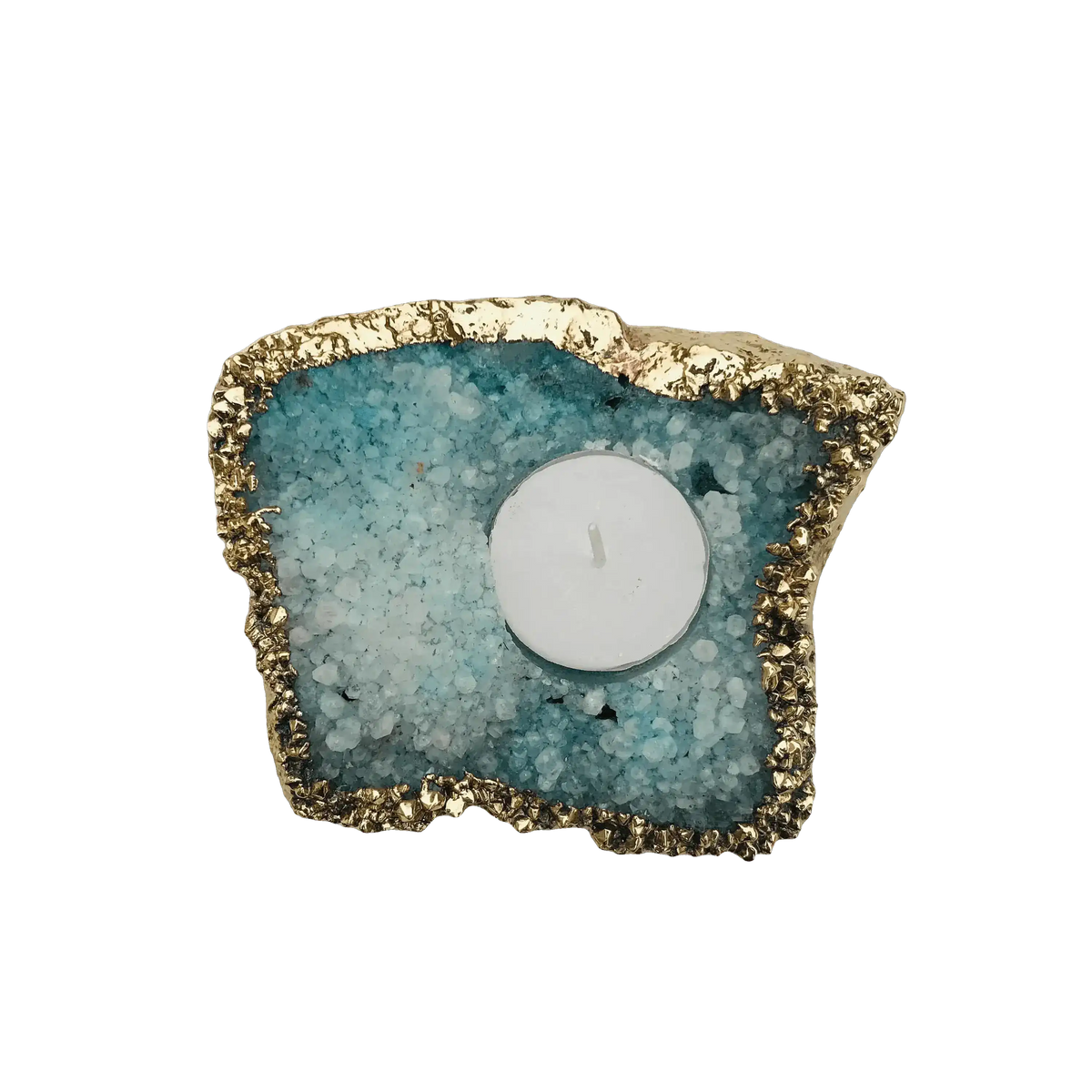 Top-down view of aqua agate gemstone candle holder with turquoise druzy crystal interior and gold-plated rough edge