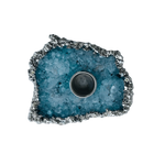 Top-down view of blue agate gemstone taper candle holder with druzy teal crystals, silver plated jagged edge and candle socket