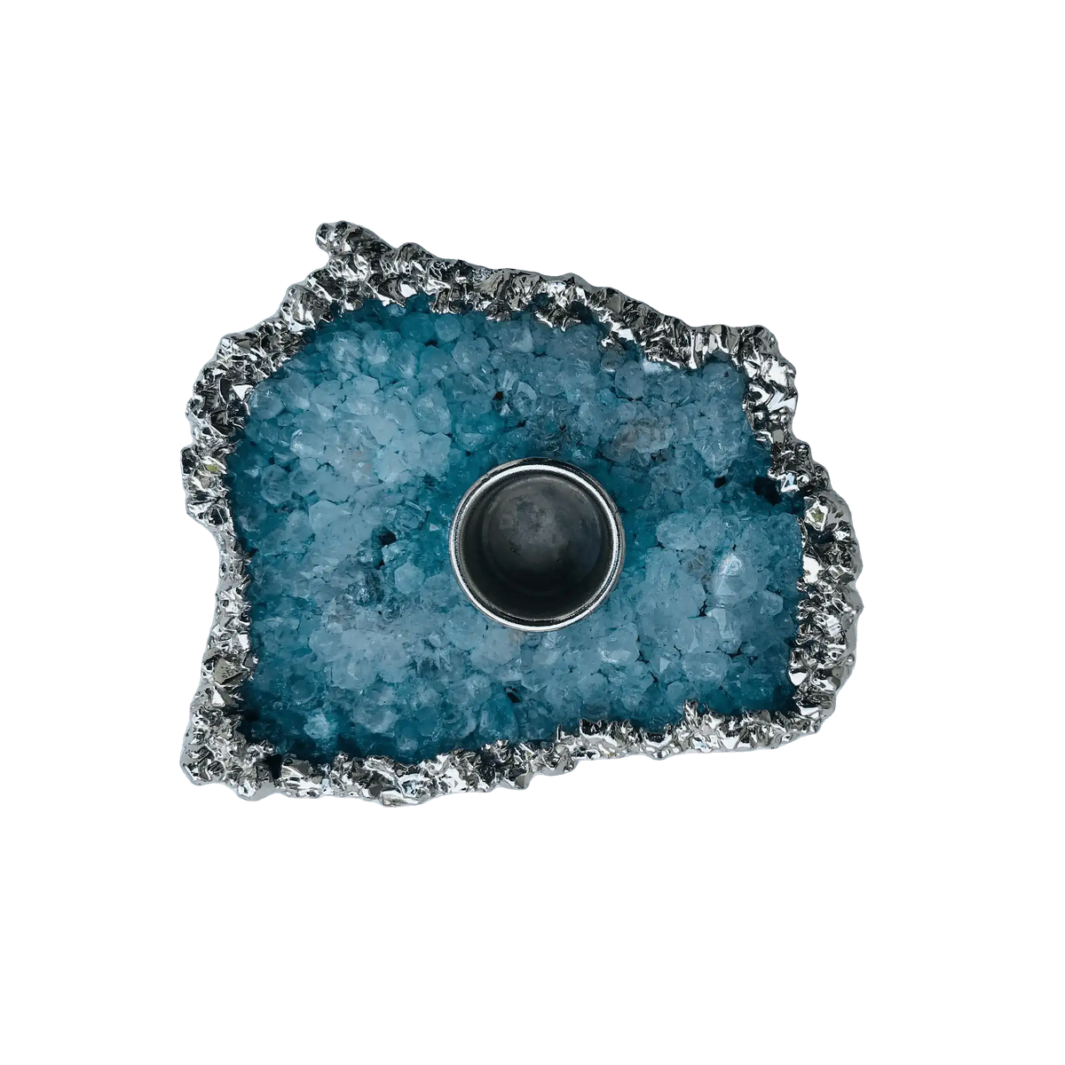 Top-down view of blue agate gemstone taper candle holder with druzy teal crystals, silver plated jagged edge and candle socket