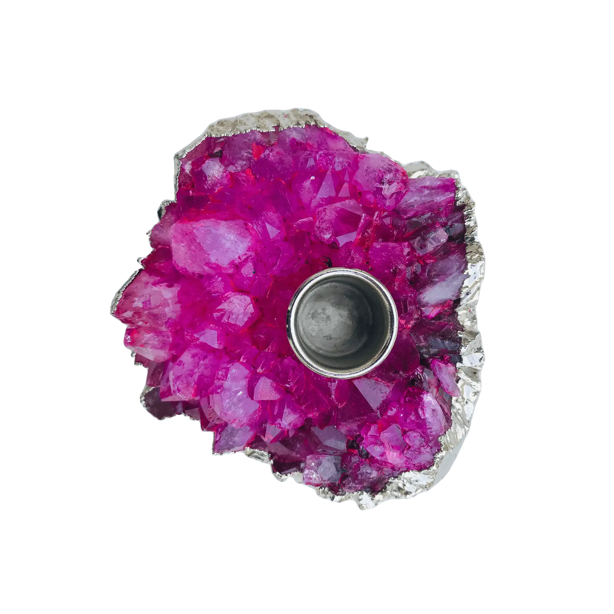 Pink agate taper candle holder overhead view, vivid magenta druzy crystal cluster with silver-plated edge and round metal socket