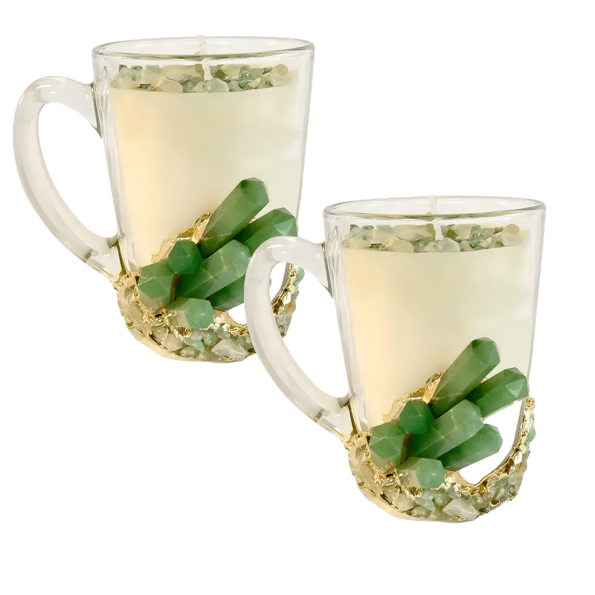 Set of 2 green agate crystal soy candles in glass mugs with handles, both showing green quartz points and gold-edged chip bases