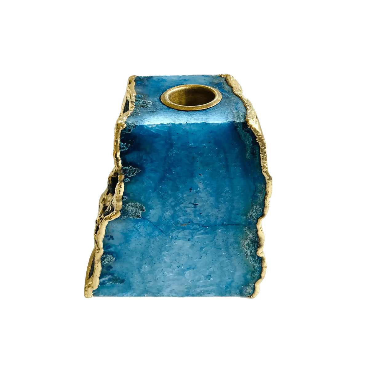 Light Blue Agate Gemstone Taper Candle Holder Rose Gold Finish