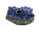 Purple agate taper candle holder with dense violet crystal cluster surface, jagged silver metallic rim, top-down view