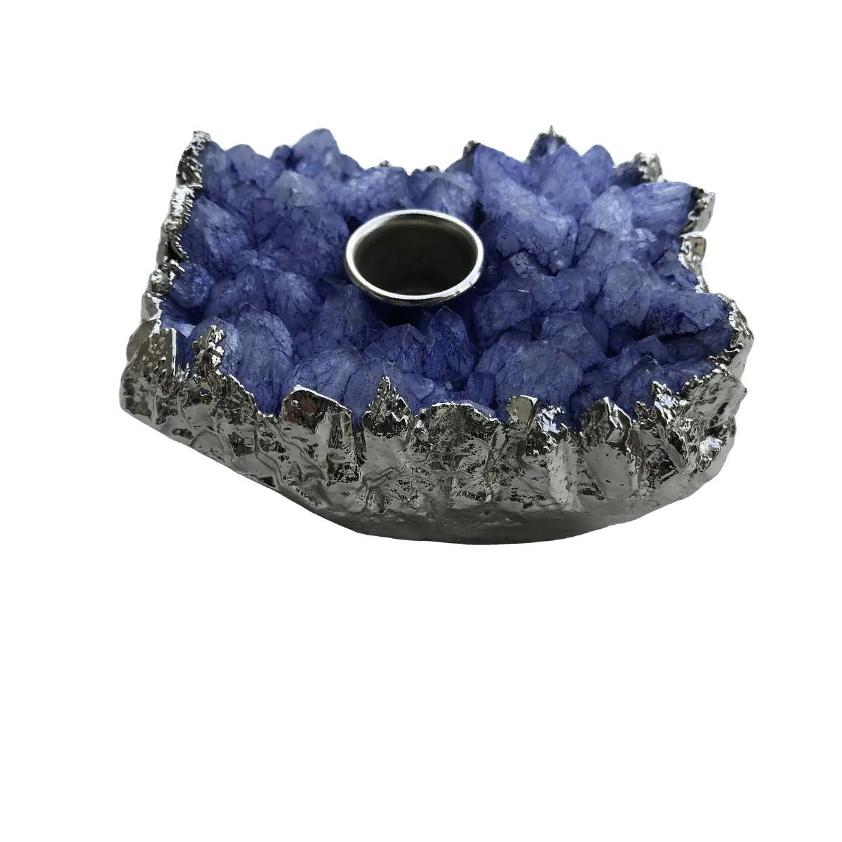 Purple agate taper candle holder with dense violet crystal cluster surface, jagged silver metallic rim, top-down view
