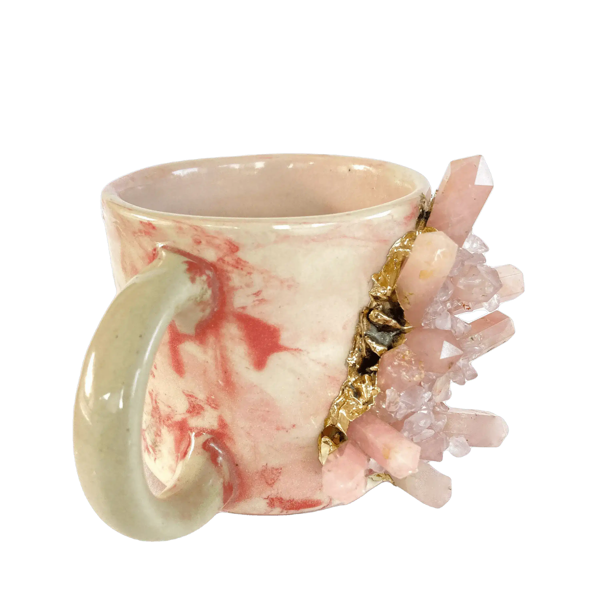 Pink quartz marbled ceramic coffee mug, white-pink swirl pattern with green handle and protruding pink crystal cluster