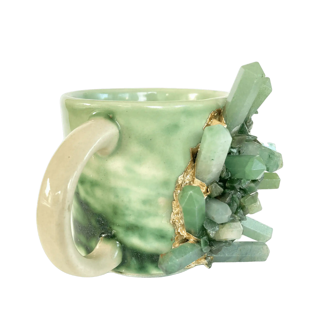 Green quartz marbled ceramic mug side view, sage-green marbled body, white handle, green crystal cluster gold accent