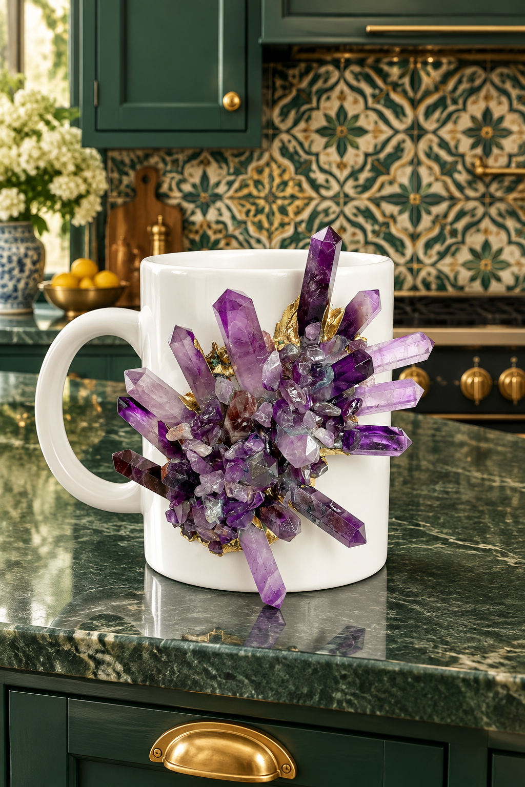 White and Purple Amethyst Crystal Ceramic Mug with Gold Handle - Set of 2