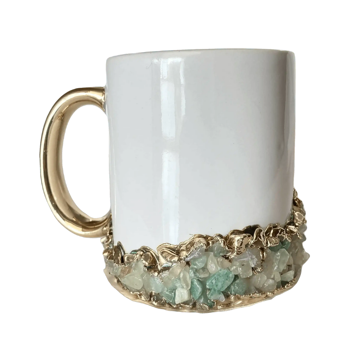 White ceramic aqua agate mug with gold handle and teal agate chip band at base in gold setting, front view