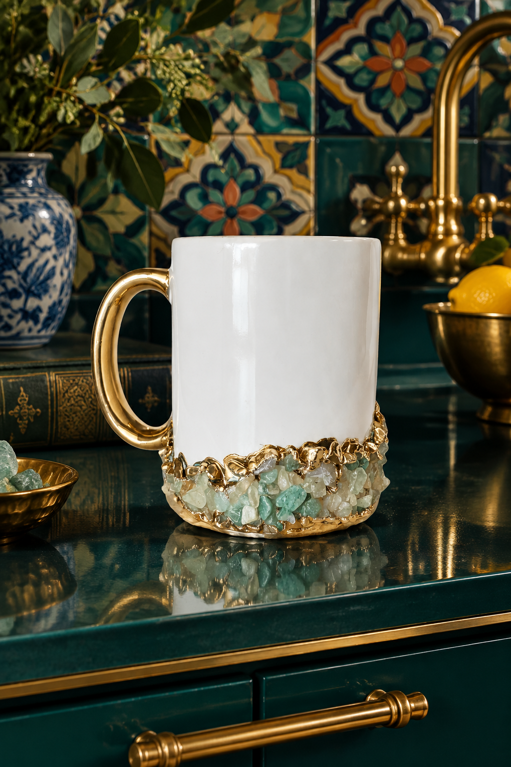 Aqua Agate Accented White Mug with Gold Handle - Set of 2