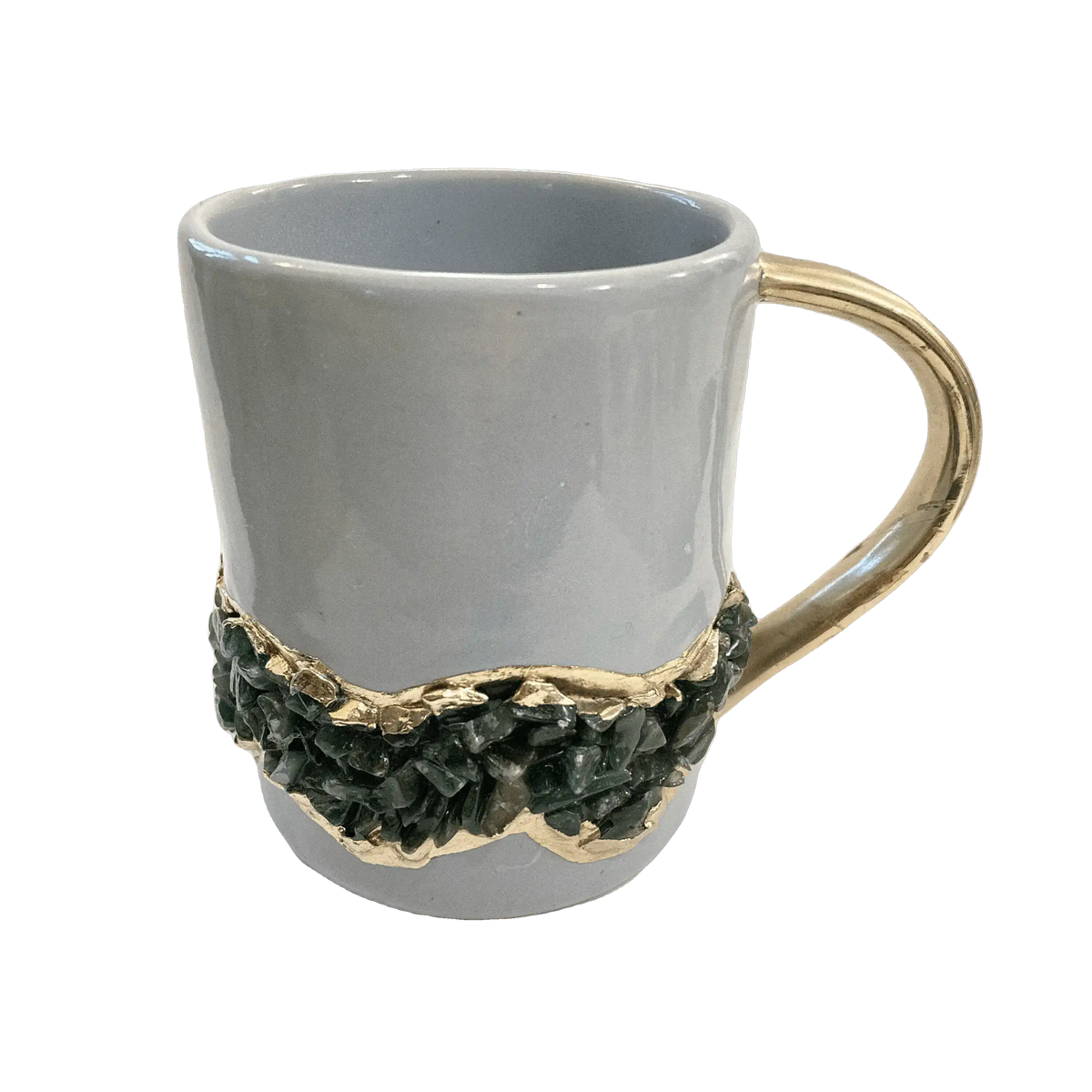 Green Quartz Marbled Gray Ceramic Coffee Mug with Gold Handle - Set of 2 No