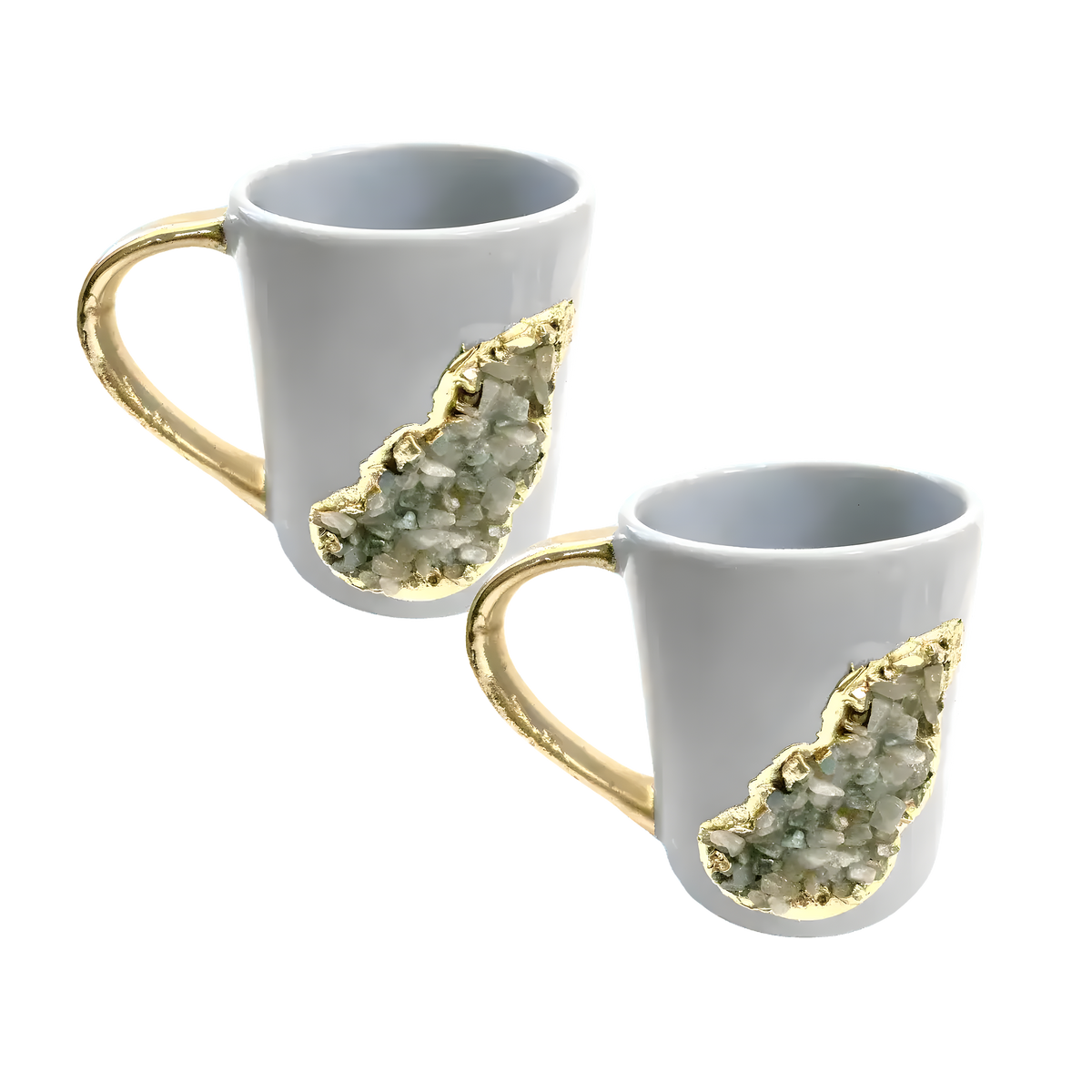 Pair of white ceramic mugs with gold handles, each featuring an aqua quartz crystal cluster inset in gold resin on front