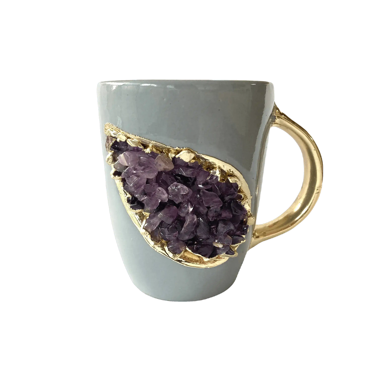 Purple Quartz Marbled Gray Ceramic Coffee Mug with Gold Handle - Set of 2 No
