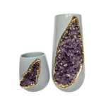 Purple amethyst crystal grey and gold ceramic vase set, tall cylindrical and short round bowl with purple crystal geode panels