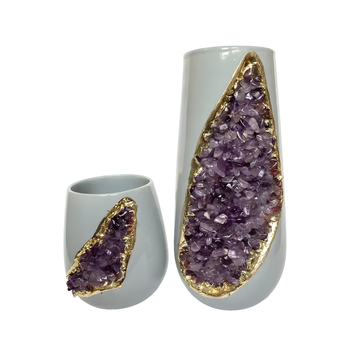 Purple amethyst crystal grey and gold ceramic vase set, tall cylindrical and short round bowl with purple crystal geode panels