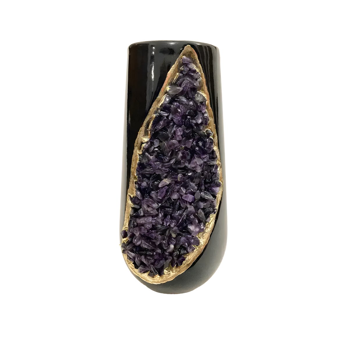 Front view of tall black ceramic vase planter with teardrop purple amethyst crystal cluster inlaid in gold resin frame