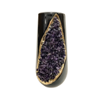 Front view of tall black ceramic vase planter with teardrop purple amethyst crystal cluster inlaid in gold resin frame