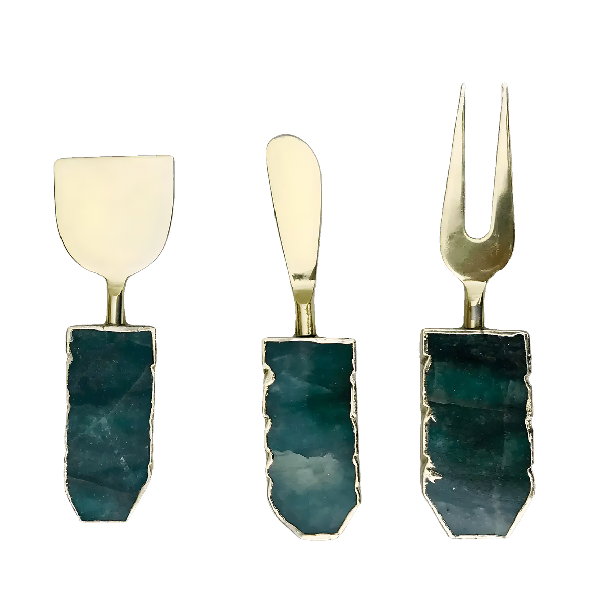 Set of 3 green agate cheese knives with gold blades and dark green agate slab handles, displayed upright against grey background