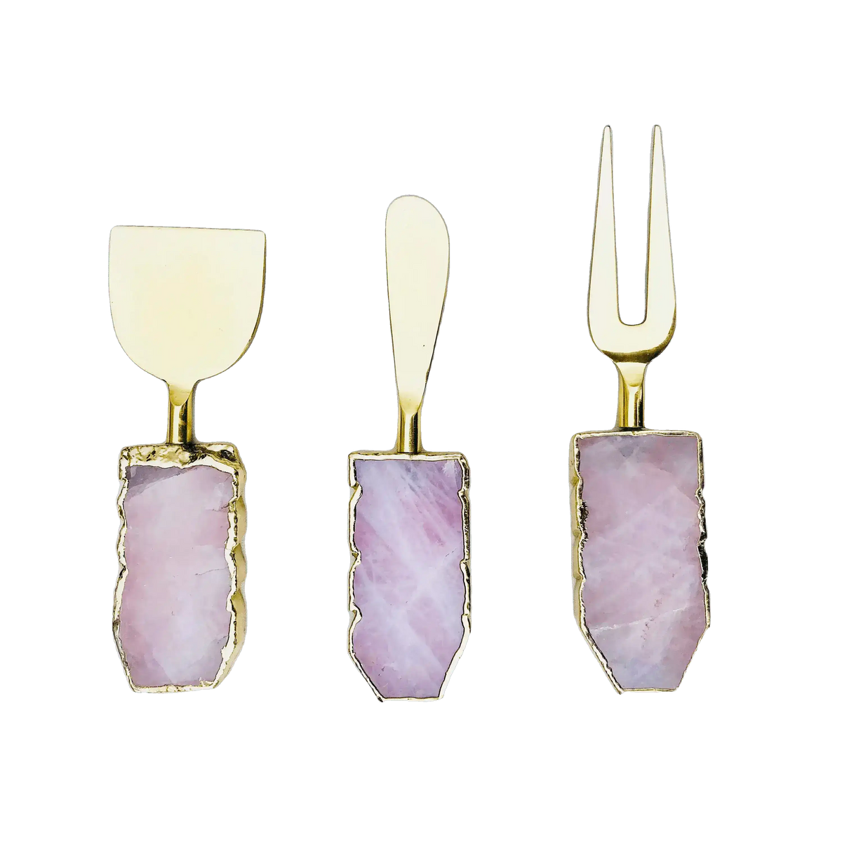 Set of 3 rose quartz cheese knives with pink quartz slab handles and gold trim: wide blade, spreader, and fork