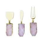 Set of 3 rose quartz cheese knives with pink quartz slab handles and gold trim: wide blade, spreader, and fork