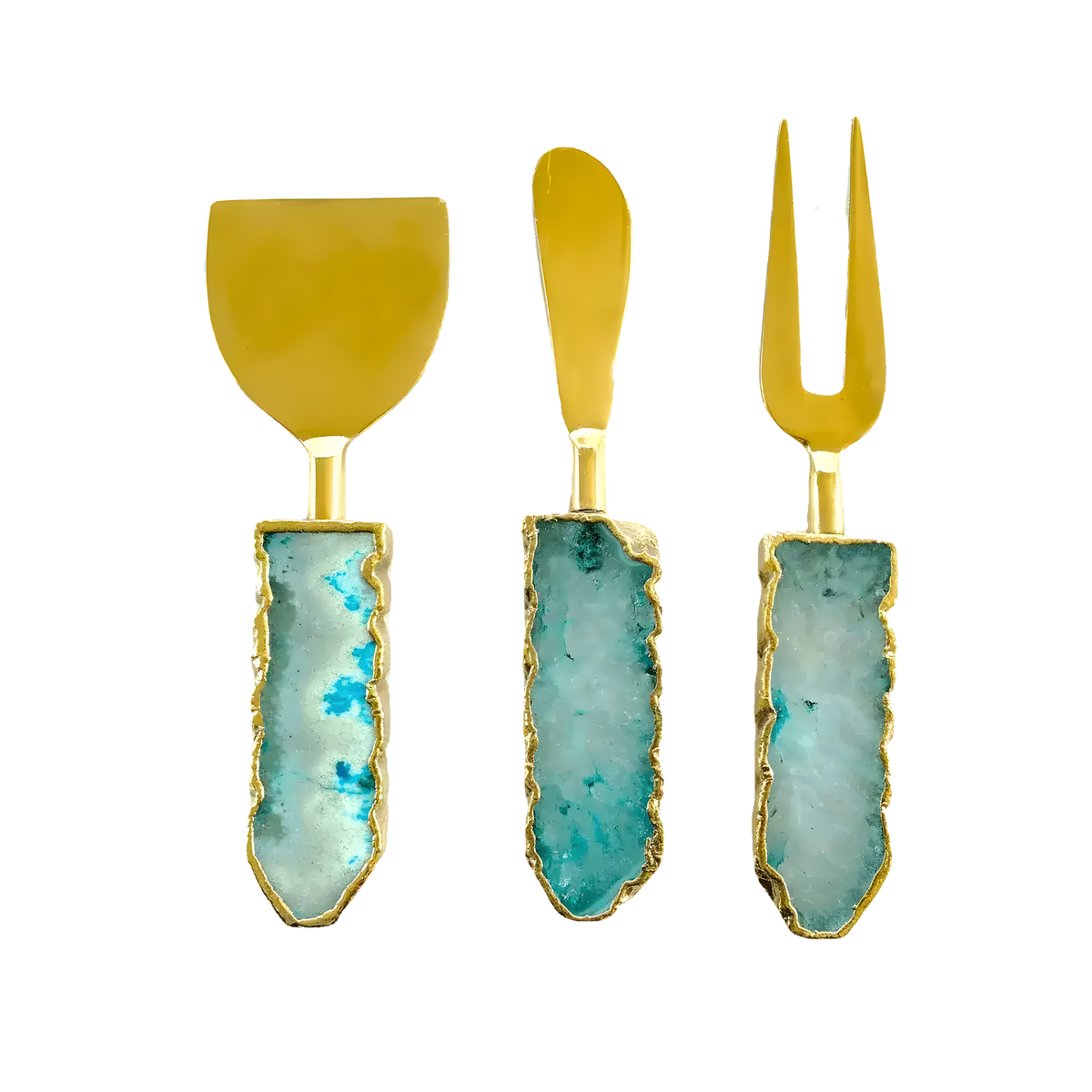 Set of 3 aqua agate cheese knives with gold blades, translucent blue-green agate handles trimmed in gold, displayed vertically