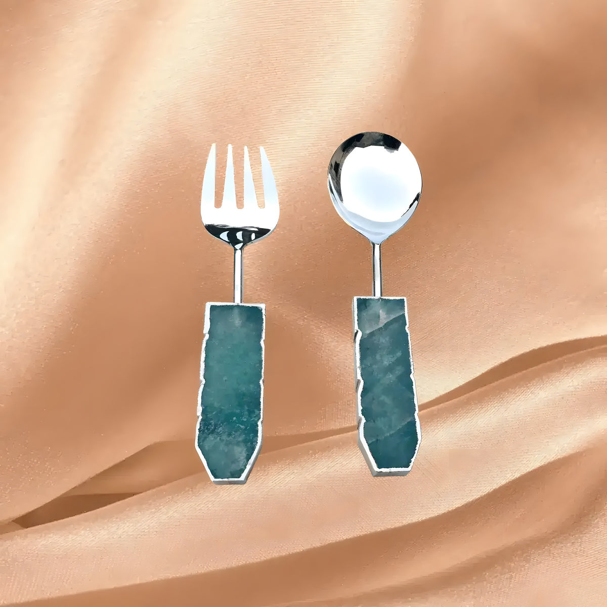 Green agate salad server set of 2 on satin, fork and spoon with silver heads and teal green agate slab handles