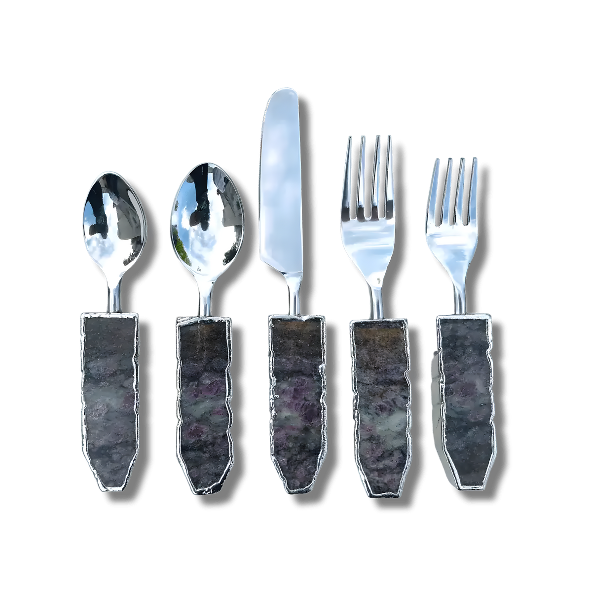 Lepidolite gemstone agate cutlery set of 5, silver flatware with rectangular dark purple-grey stone handles laid flat