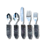 Lepidolite gemstone agate cutlery set of 5, silver flatware with rectangular dark purple-grey stone handles laid flat