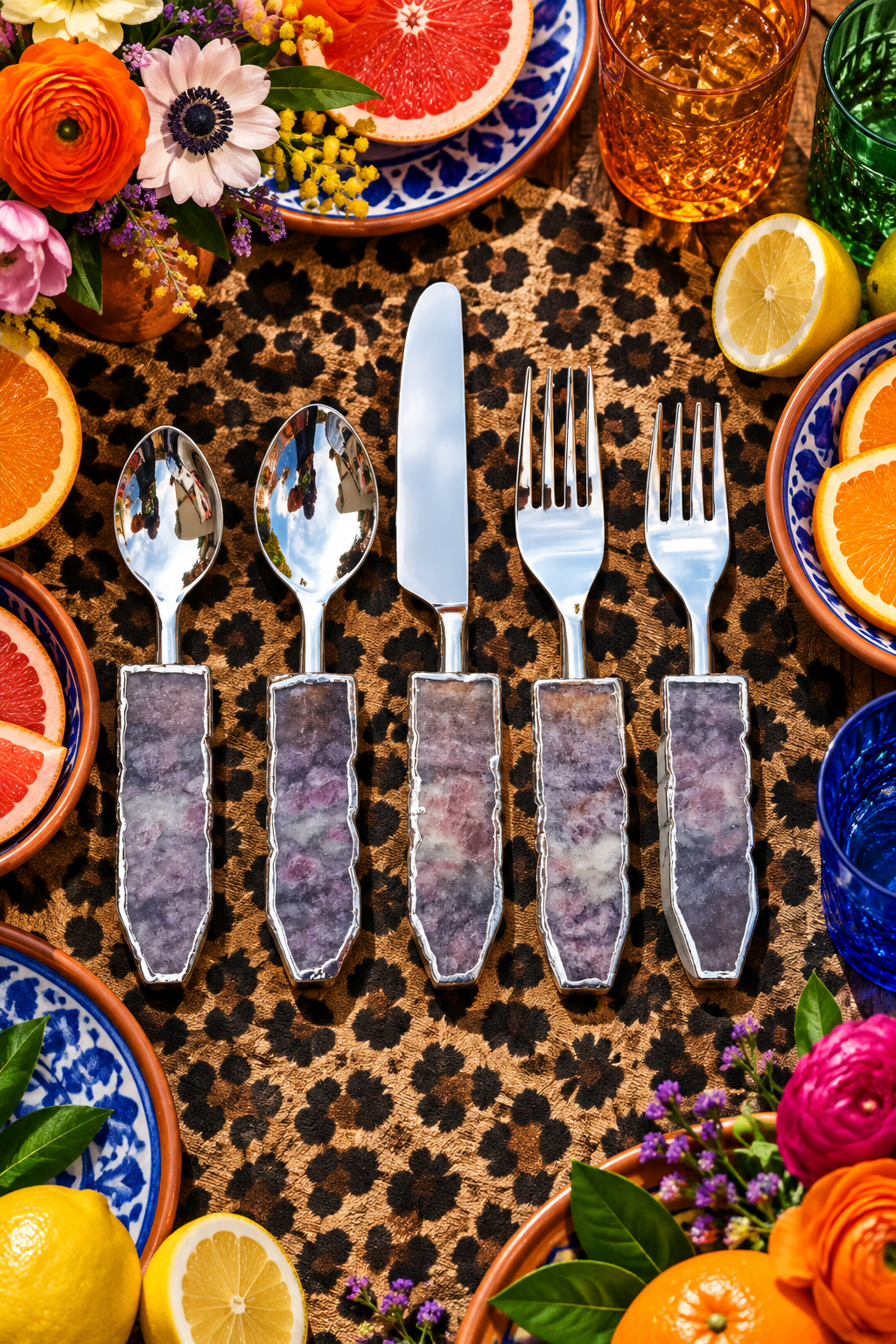 Set of 5 Pieces Lepidolite Gemstone Agate Cutlery