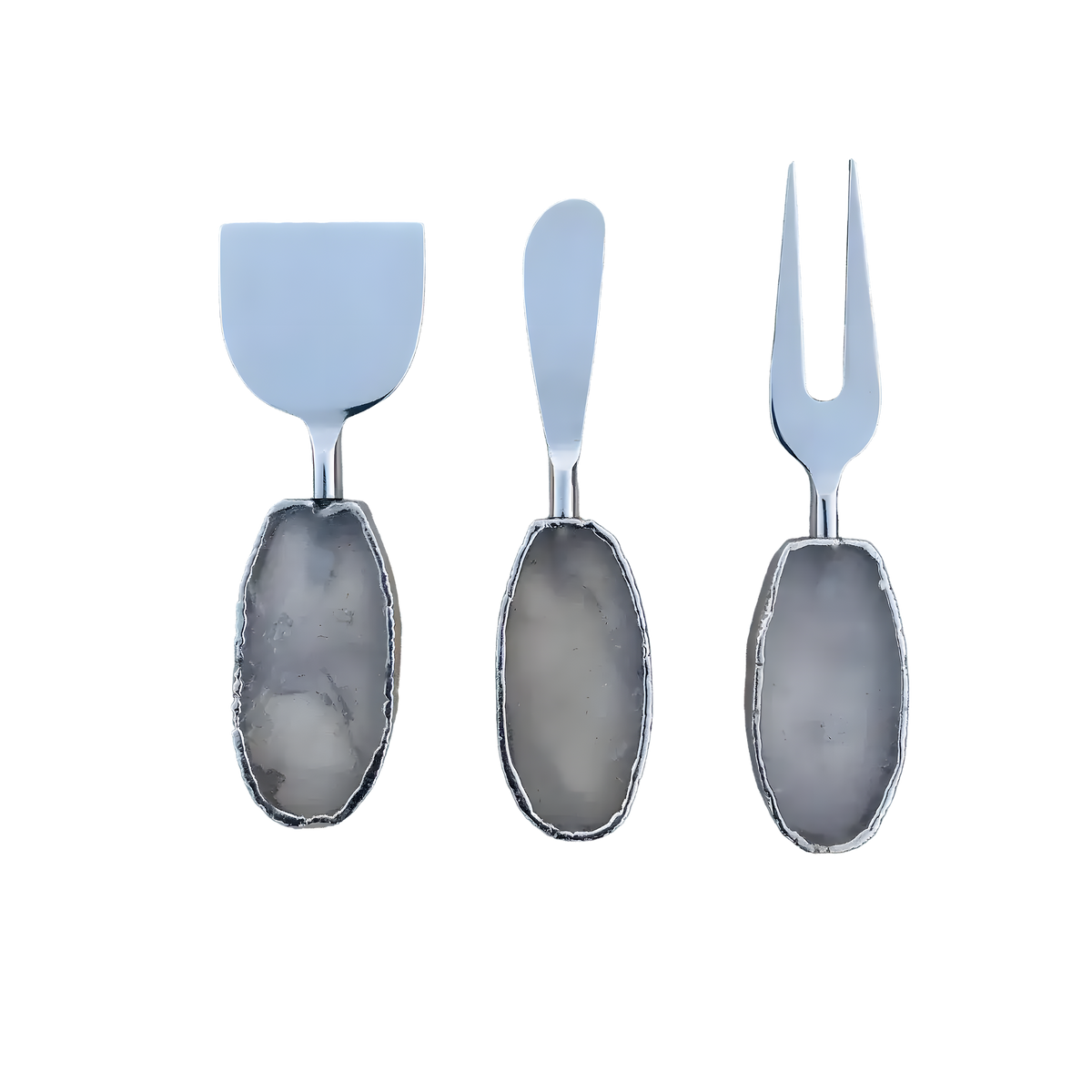 Three silver clear quartz agate cheese tools on light grey, oval grey-clear agate handles, silver jagged edges