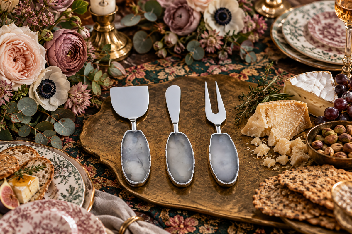Set of 3 Agate Clear Quartz Cheese Knives Spreaders