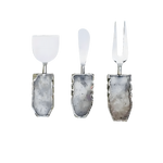 Clear quartz agate cheese spreaders set, two pieces with gold fork and spoon heads and rectangular quartz stone handles