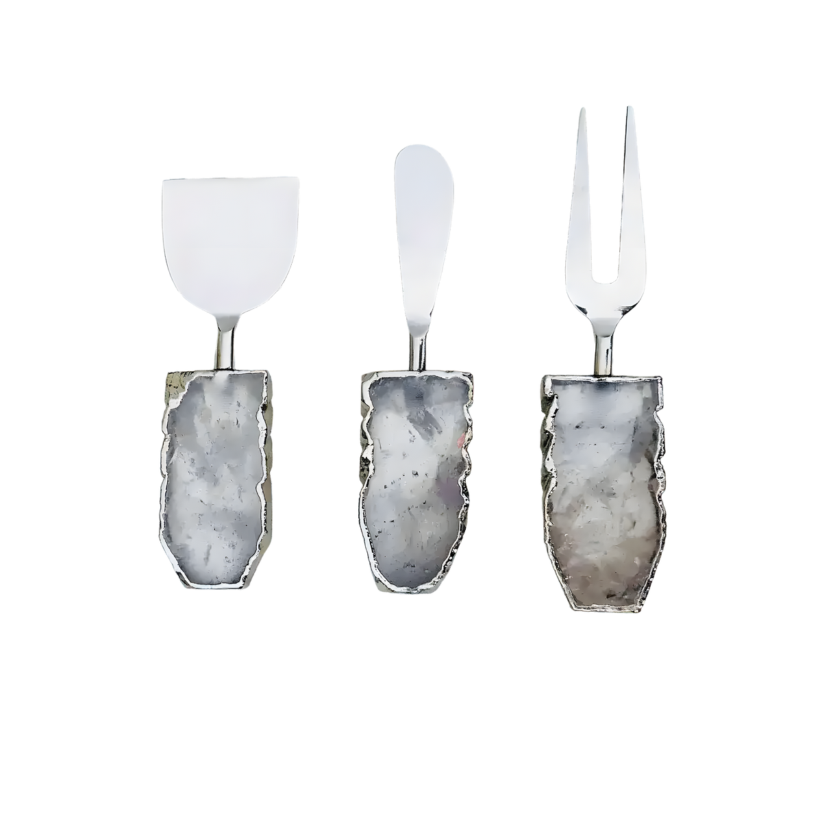 Clear quartz agate cheese spreaders set, two pieces with gold fork and spoon heads and rectangular quartz stone handles