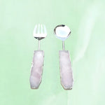 Rose quartz agate salad server set of 2, fork and spoon with pale pink agate handles and silver trim