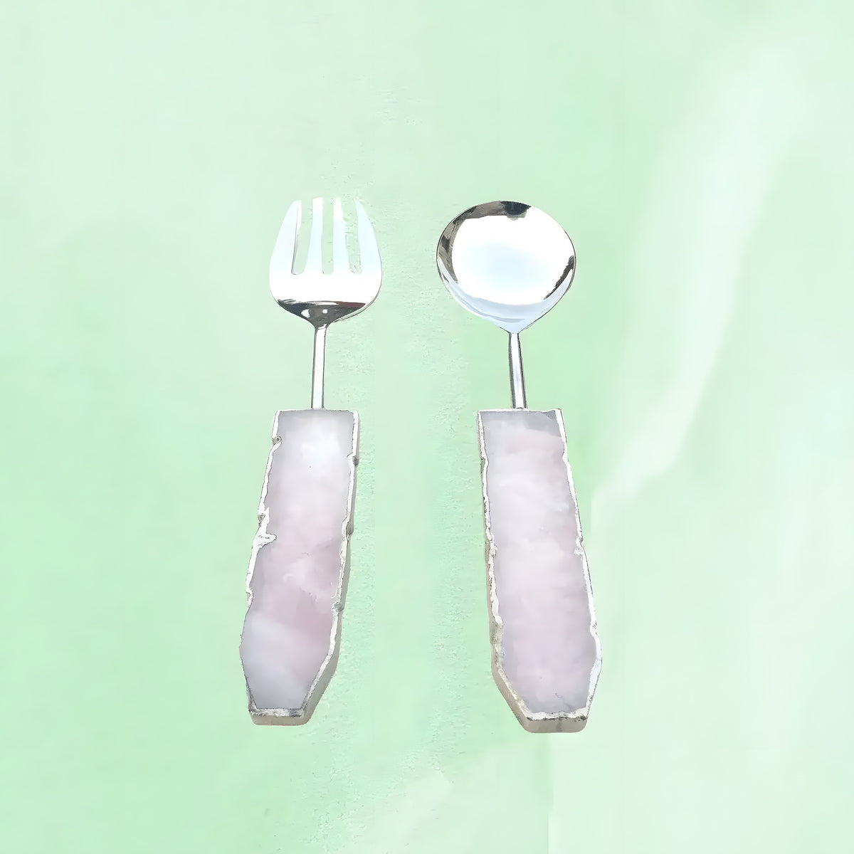 Rose quartz agate salad server set of 2, fork and spoon with pale pink agate handles and silver trim