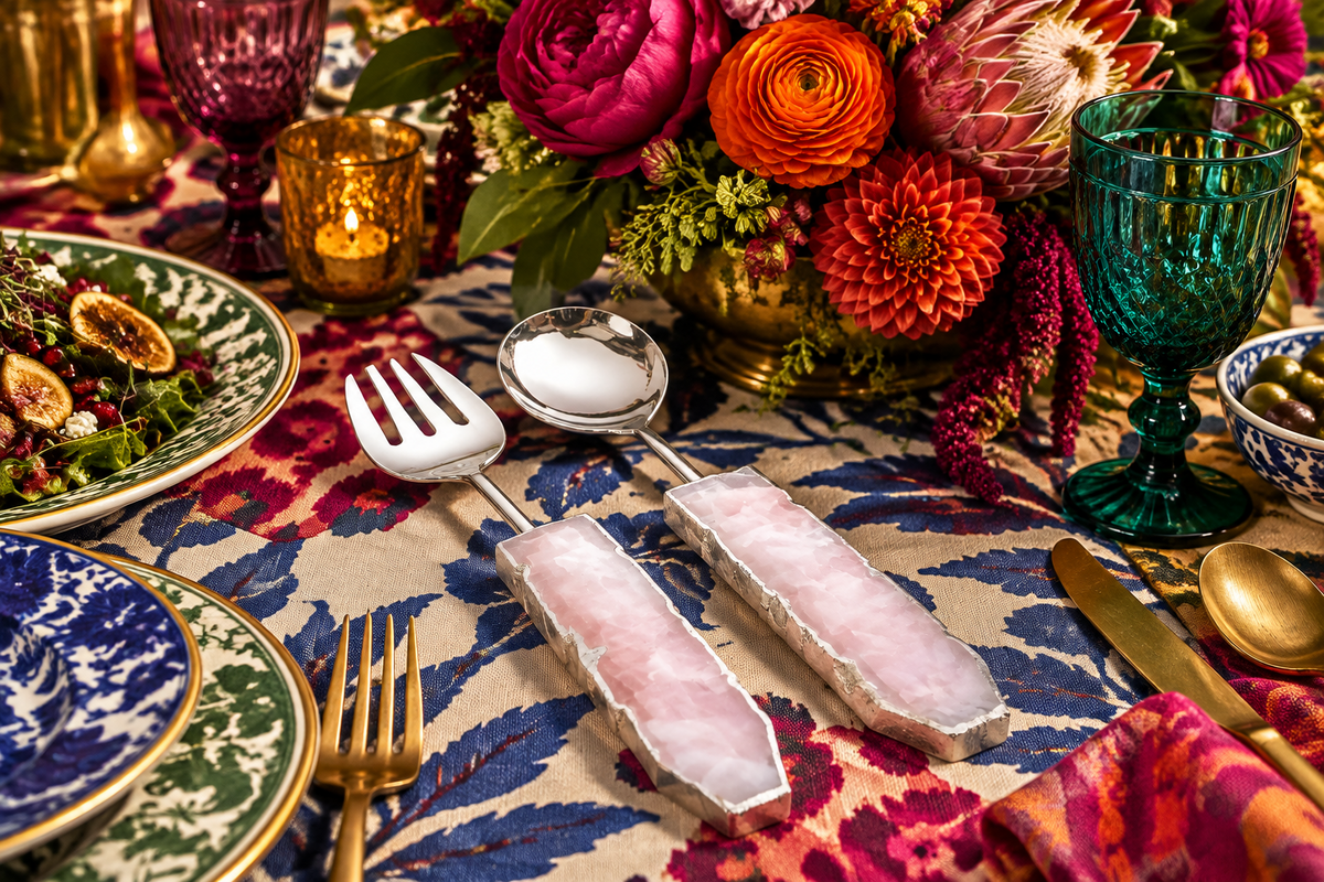 Rose Quartz Agate Salad Server - Set of 2