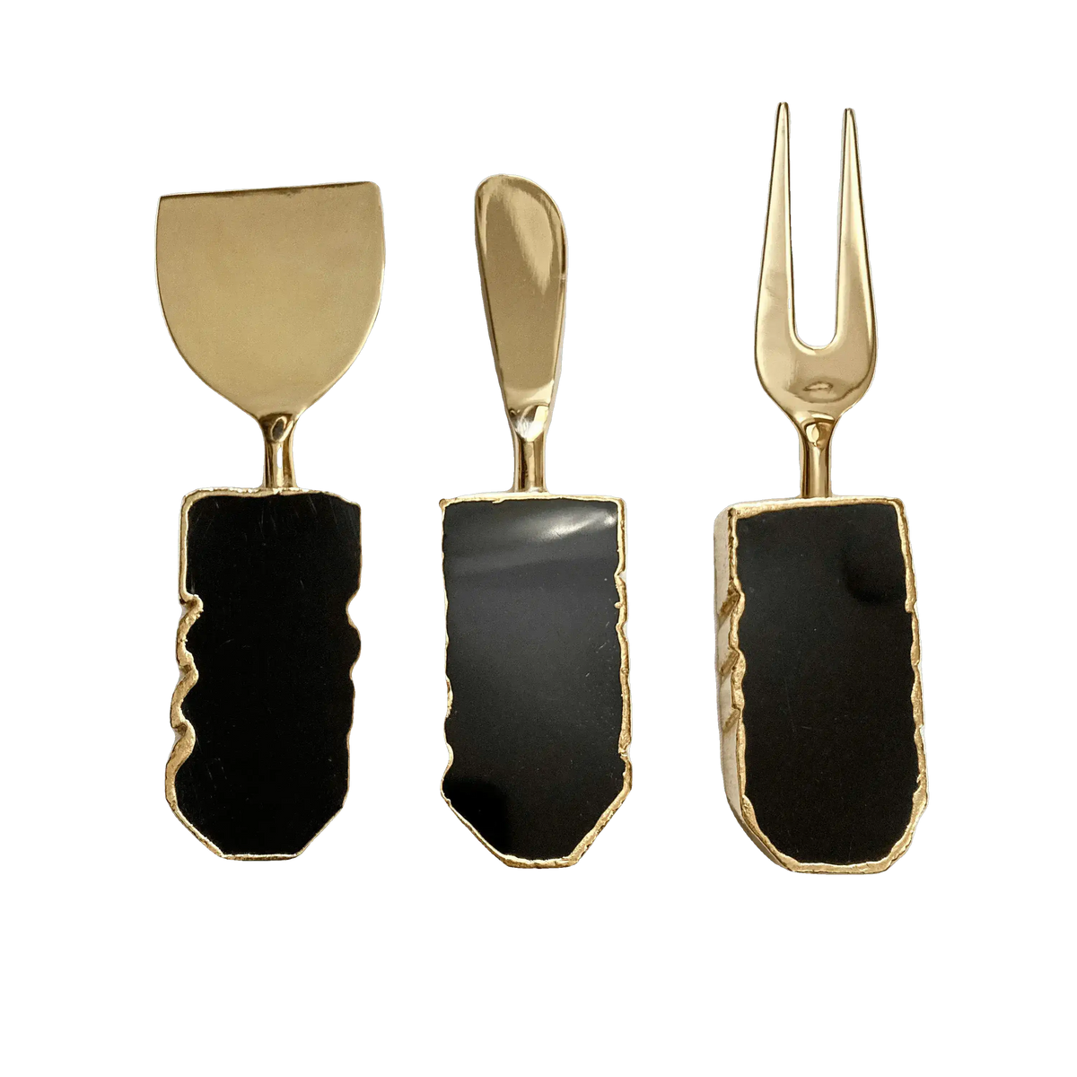 Set of 3 Black Agate Cheese Knives Spreaders Rose Gold finish