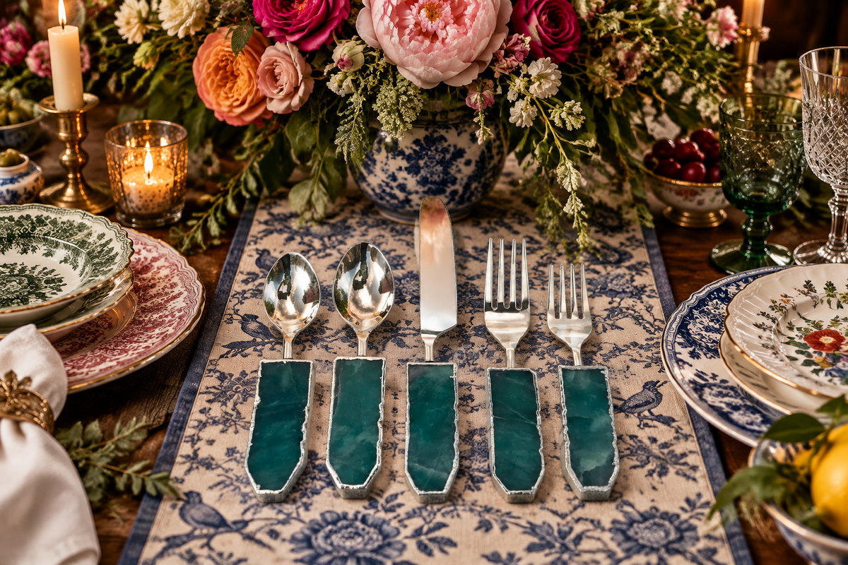Set of 5 Pieces Green Agate Cutlery