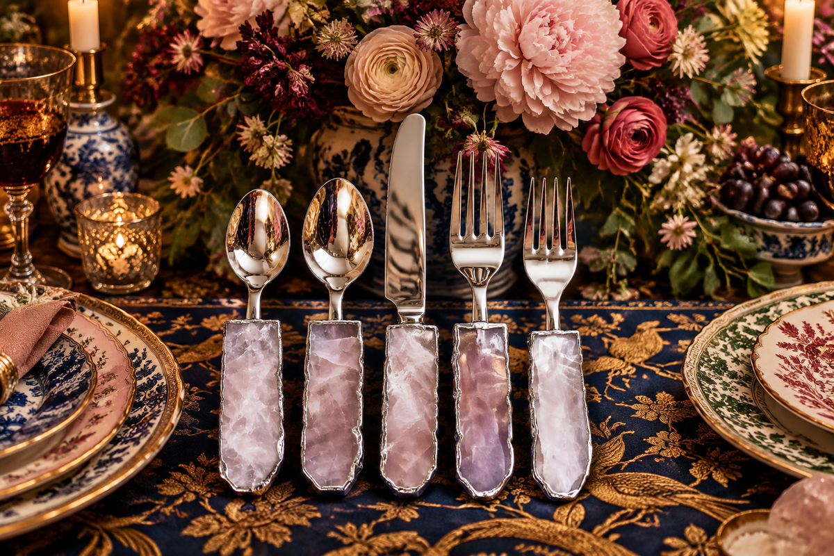 Set of 5 Pieces Rose Quartz Agate Cutlery