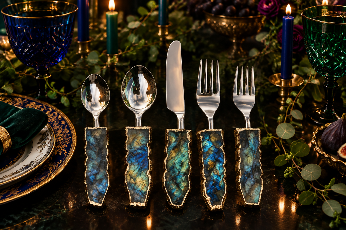 Set of 5 Pieces Labradorite Gemstone Agate Cutlery