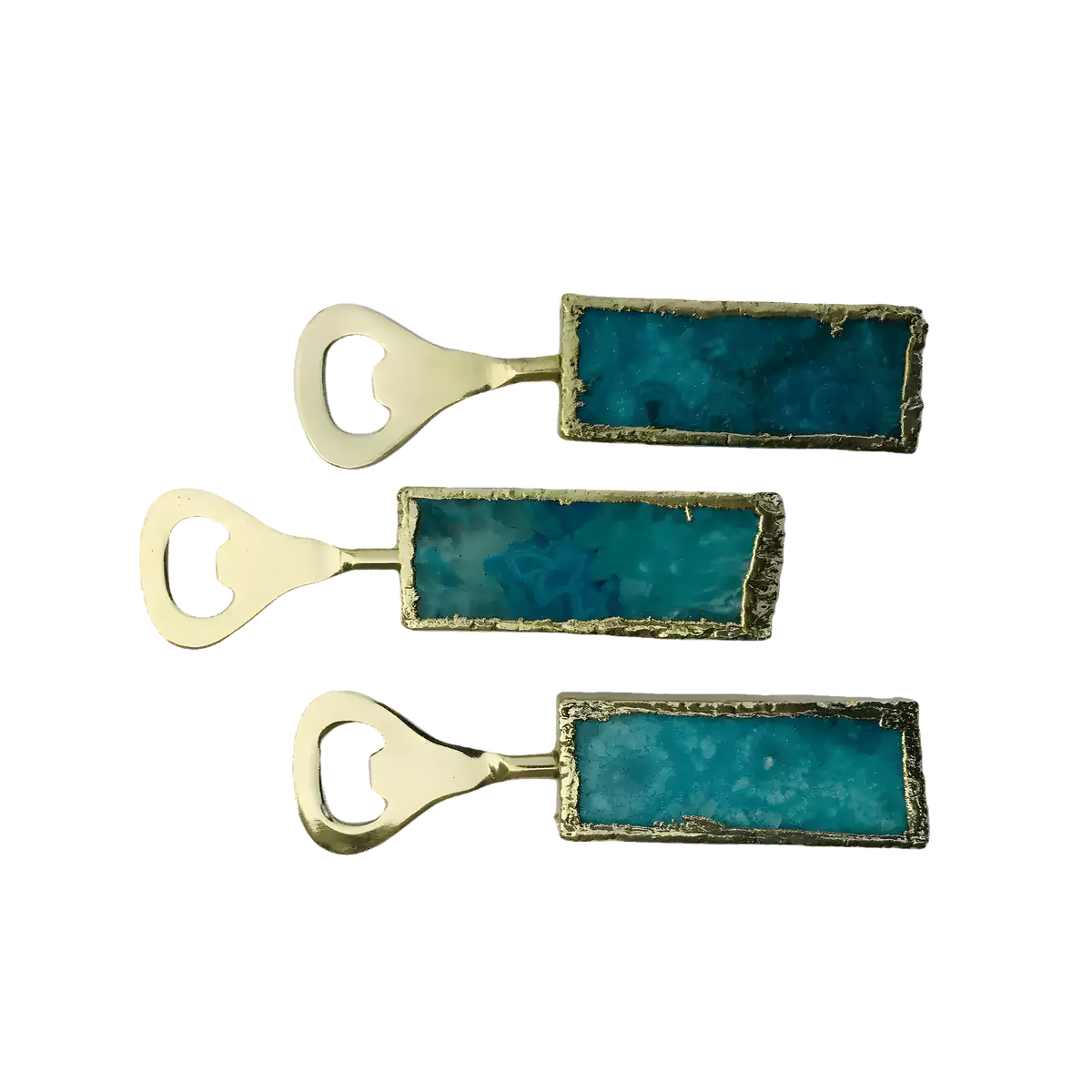 Three aqua agate bottle openers stacked, each with gold heart-loop opener and rectangular teal stone handle with gold edge