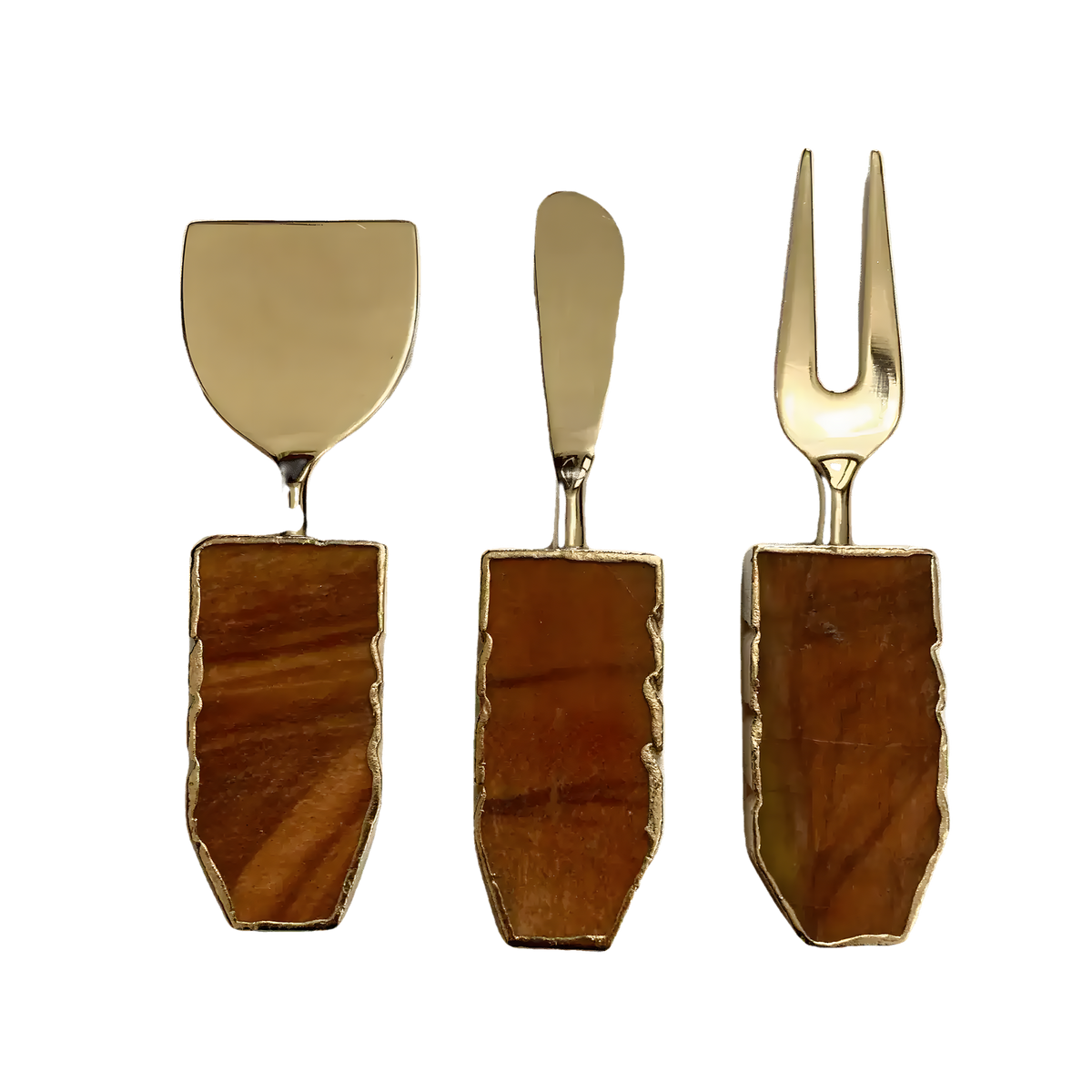 Set of 3 rust brown cheese knife spreaders on grey, gold blades with rectangular warm-brown agate handles and gold trim