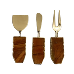 Set of 3 rust brown cheese knife spreaders on grey, gold blades with rectangular warm-brown agate handles and gold trim