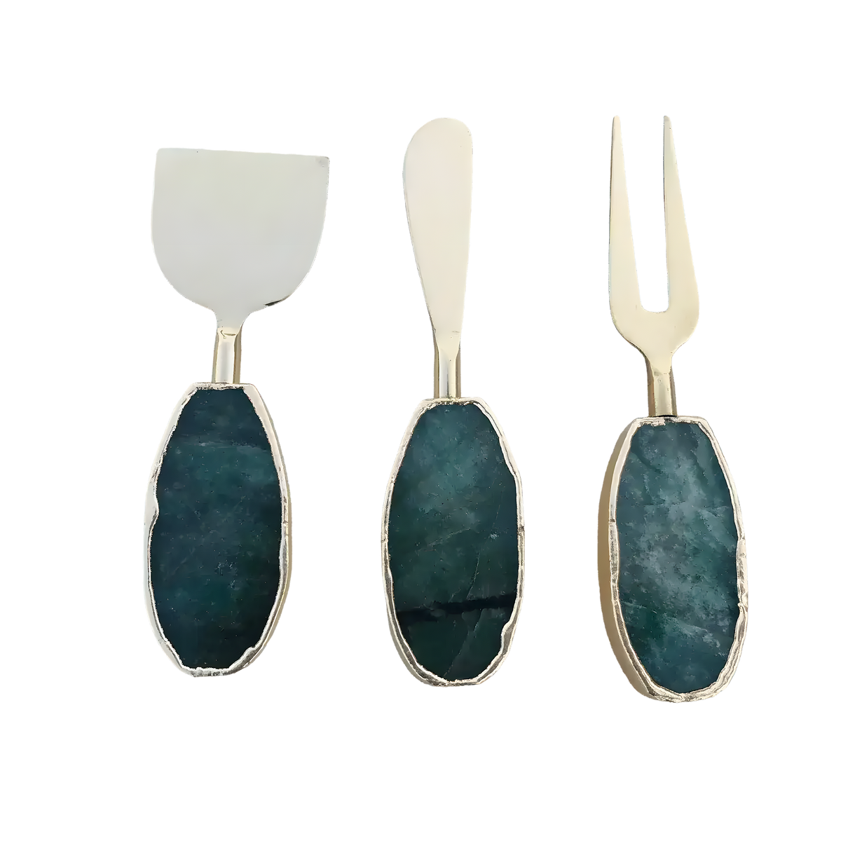 Set of 3 green agate cheese knives with dark teal oval handles in silver frames, wide scraper, spreader and fork