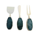 Set of 3 green agate cheese knives with dark teal oval handles in silver frames, wide scraper, spreader and fork