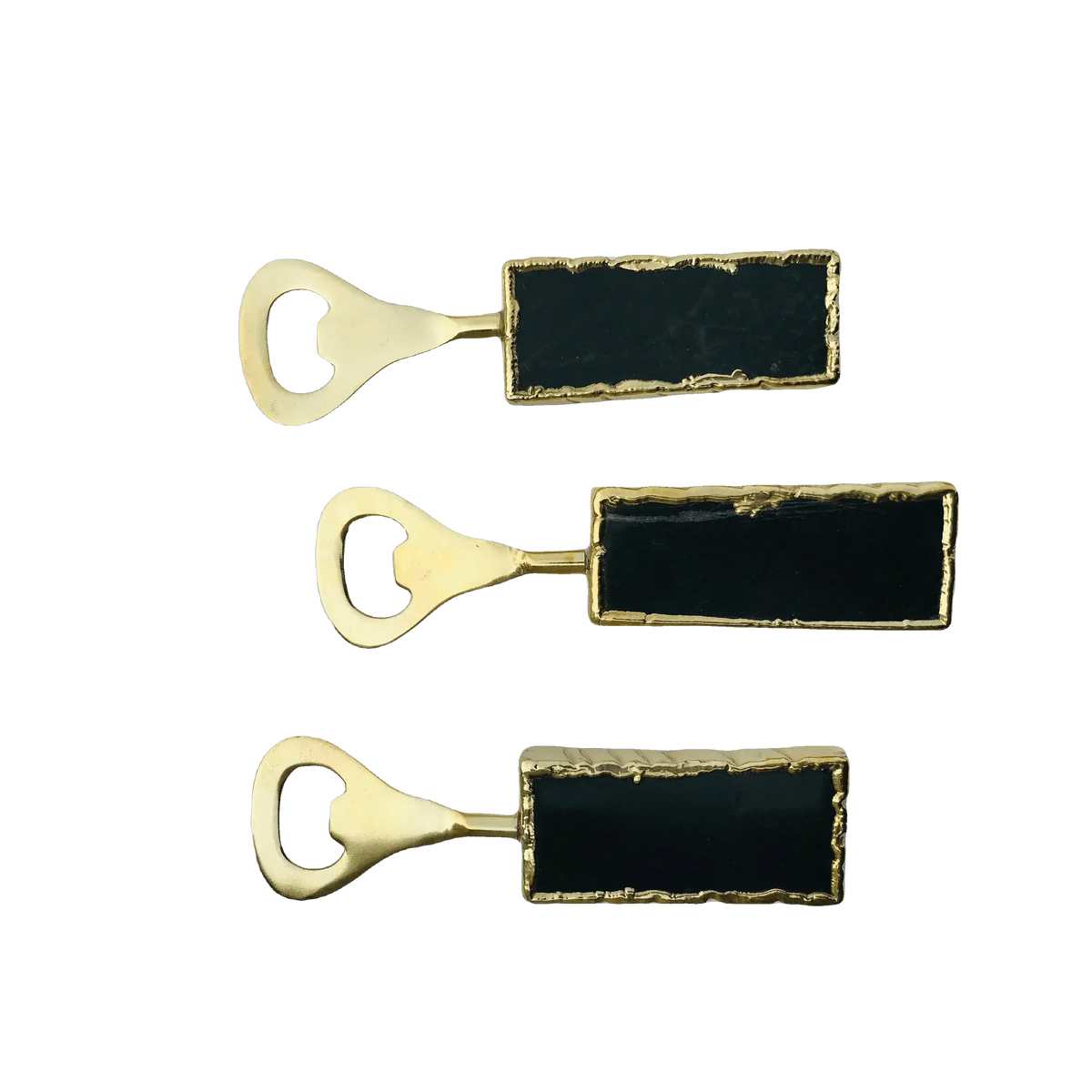 Set of 3 black agate bottle openers in a column with gold opener heads and large rectangular black stone handles
