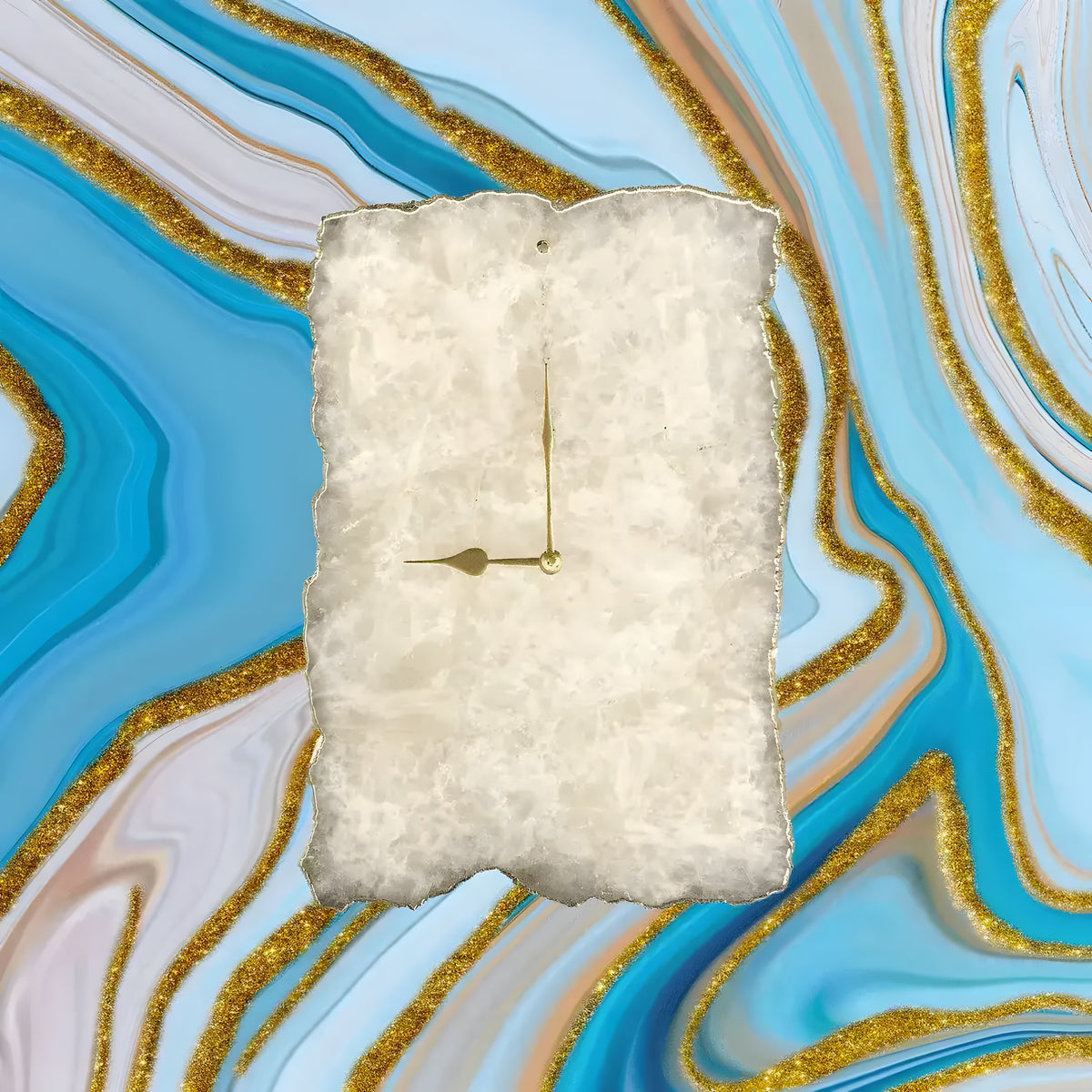 Large white agate rectangular wall clock, cream crystalline stone slab with silver rim and gold hands, on teal marble background