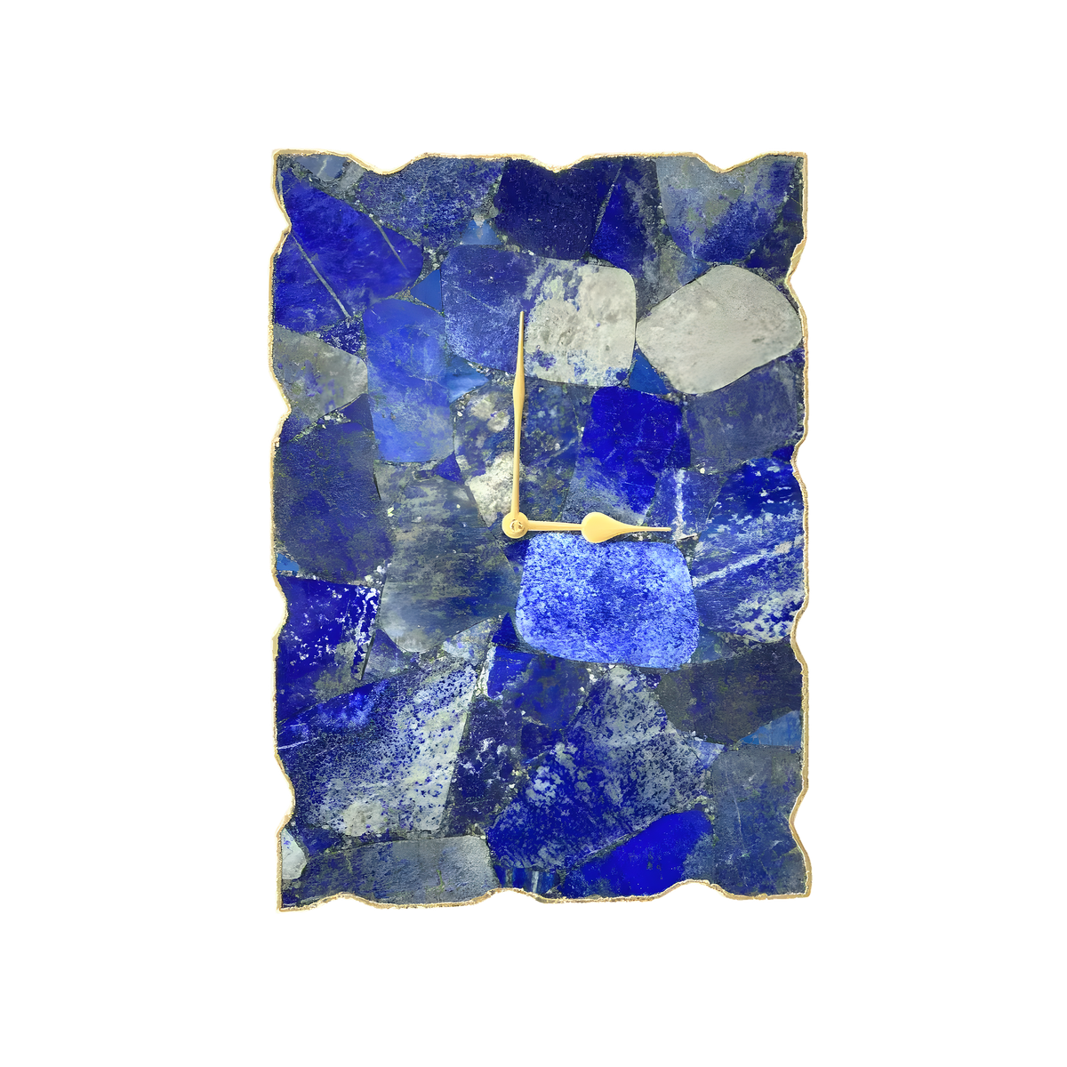 Large lapis lazuli wall clock, rectangular mosaic face of deep blue stone pieces with grey veining and gold clock hands