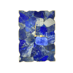 Large lapis lazuli wall clock, rectangular mosaic face of deep blue stone pieces with grey veining and gold clock hands